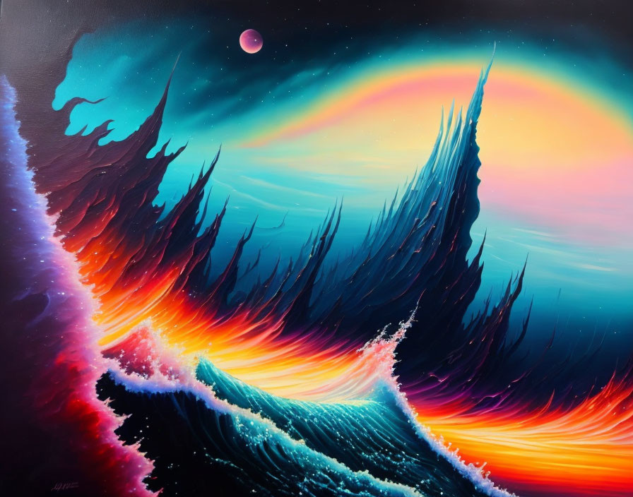 Colorful surreal cosmic landscape with sharp mountains and luminous ocean waves