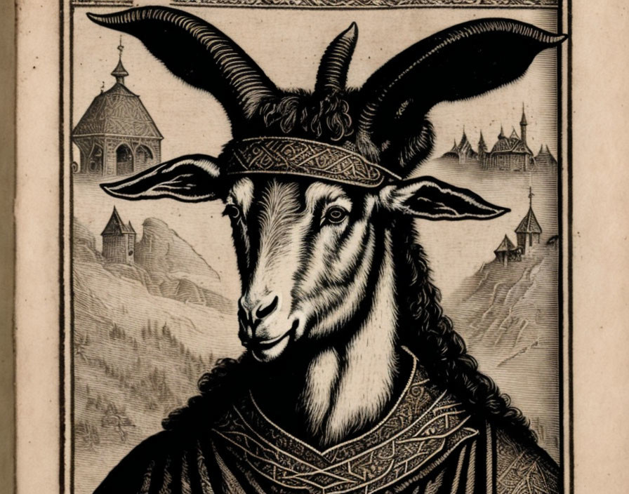 Intricately patterned goat with decorative band in medieval setting