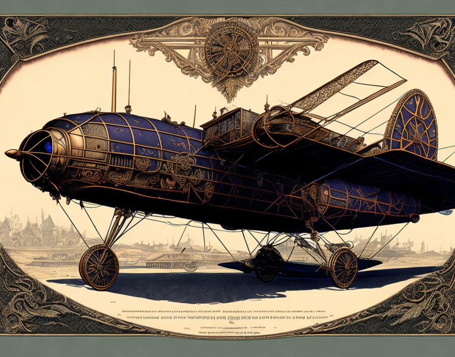 Detailed steampunk vintage airplane illustration with ornate mechanical designs