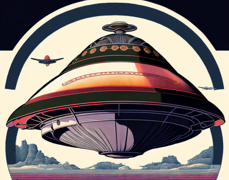 Multicolored flying saucer and aircrafts in desert landscape.