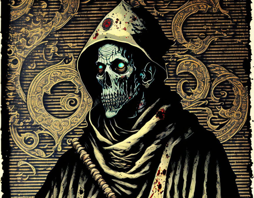 Skeletal Figure in Cloak and Crown on Golden Background