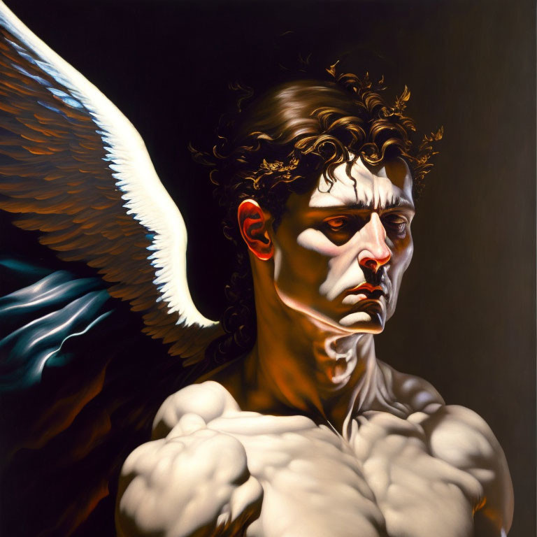 Muscular Figure with Angelic Wing and Intense Gaze in Dark Background