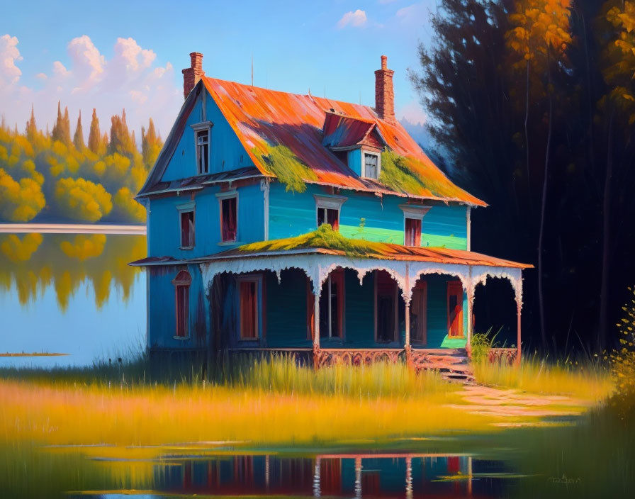 Colorful painting of an aging blue house by a tranquil lake