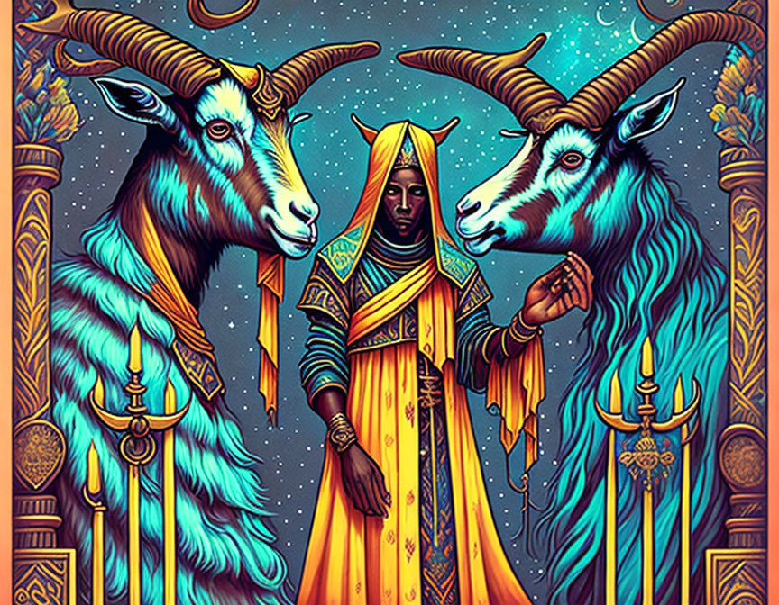 Person in ornate robes with majestic goats in starry backdrop & golden patterns.