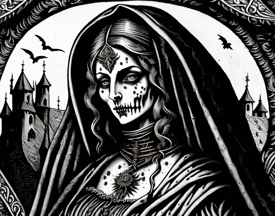 Monochrome illustration of woman with skull-like face makeup and gothic background