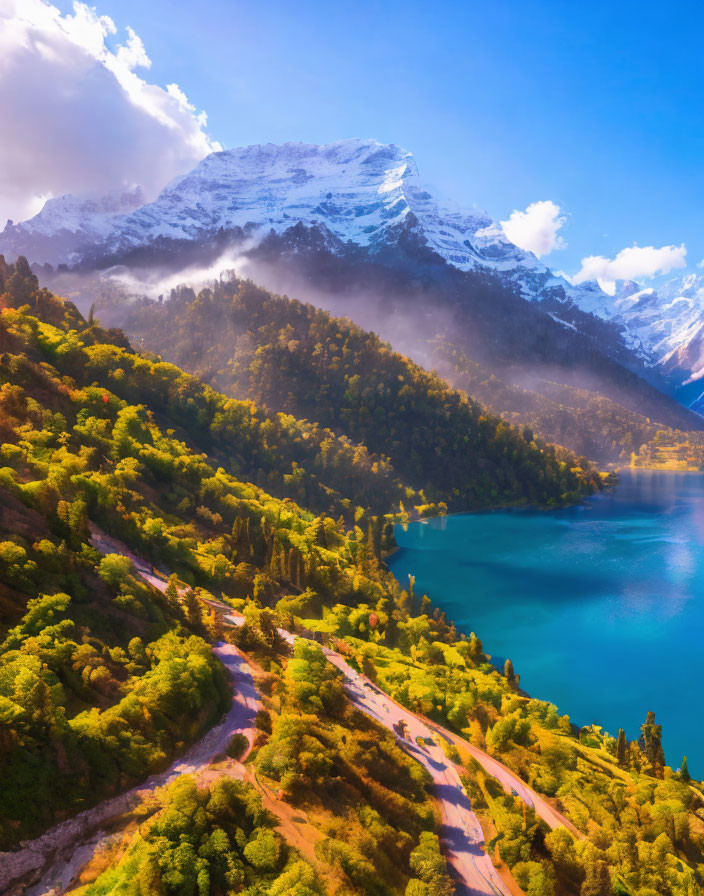 Vibrant turquoise lake, winding road, autumn forests, snow-covered mountains, clear blue sky