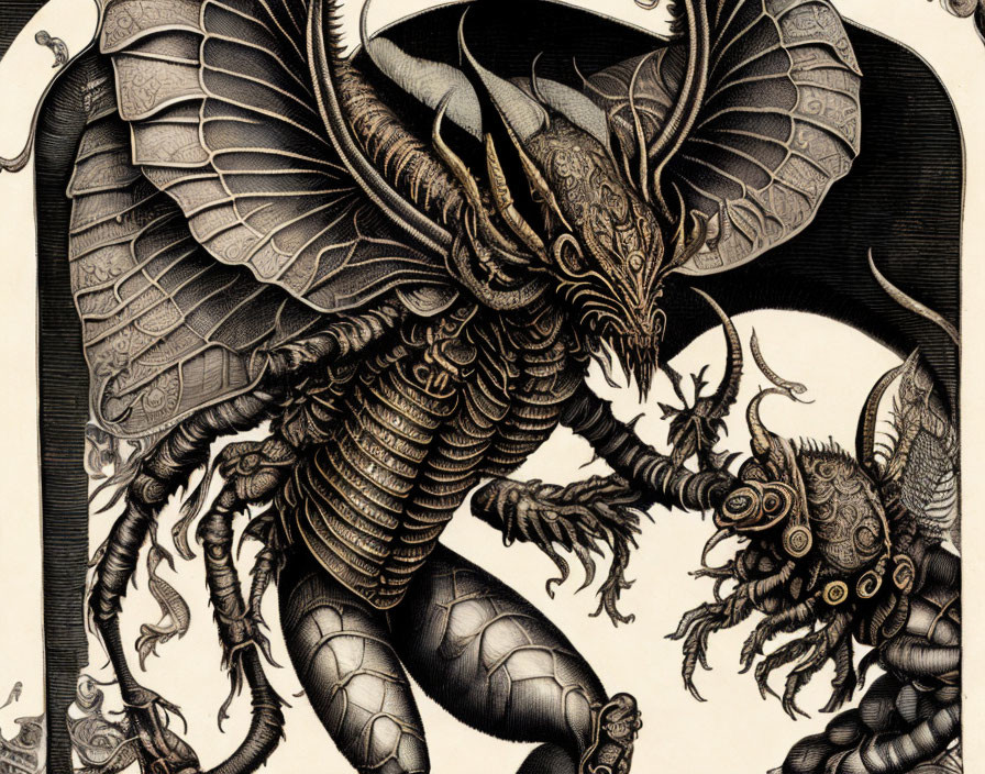 Detailed black & white dragon battle illustration with fantastical designs