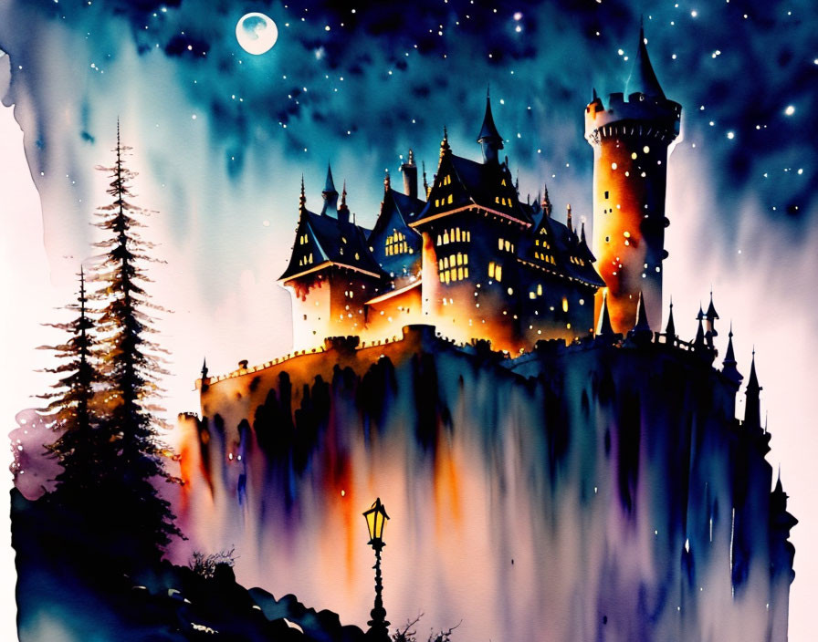 Majestic castle on cliff with crescent moon and aurora colors