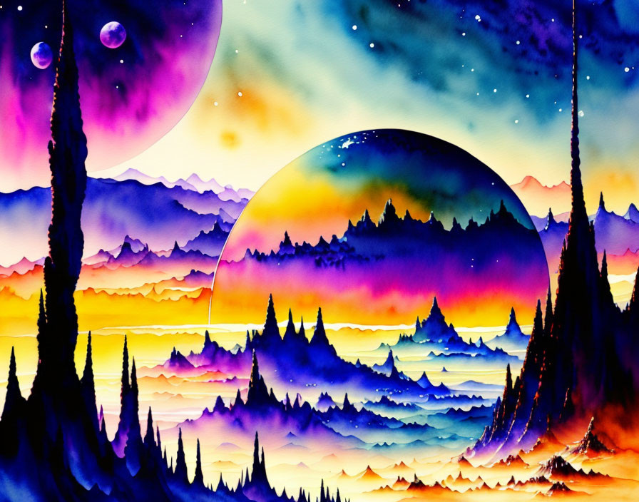 Whimsical landscape watercolor painting with mountains, pine trees, and planets under starry sunset sky