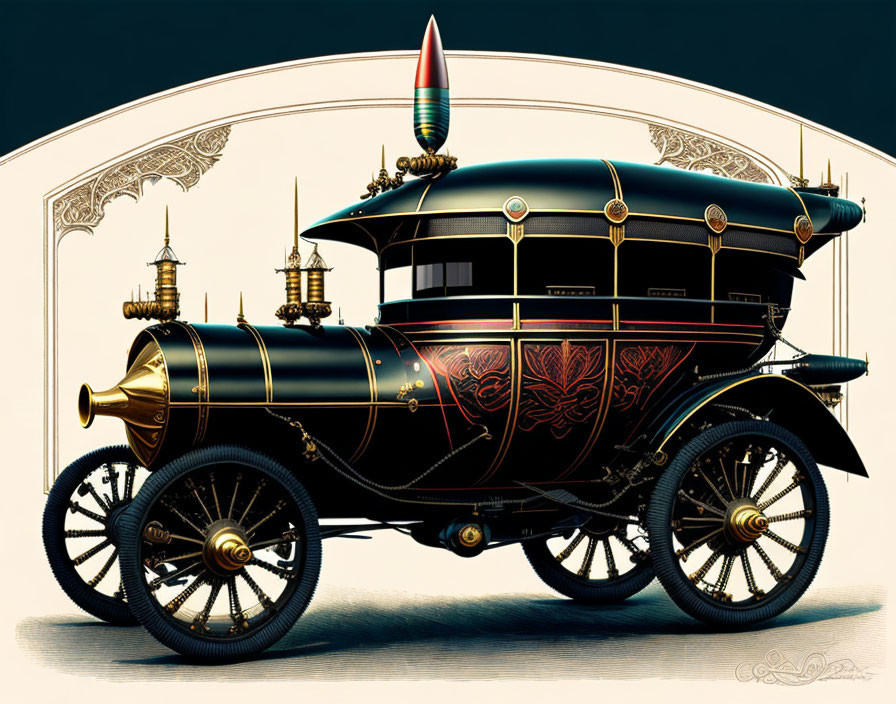 Steampunk-style vehicle with brass accents and rocket-like cone on dark background.