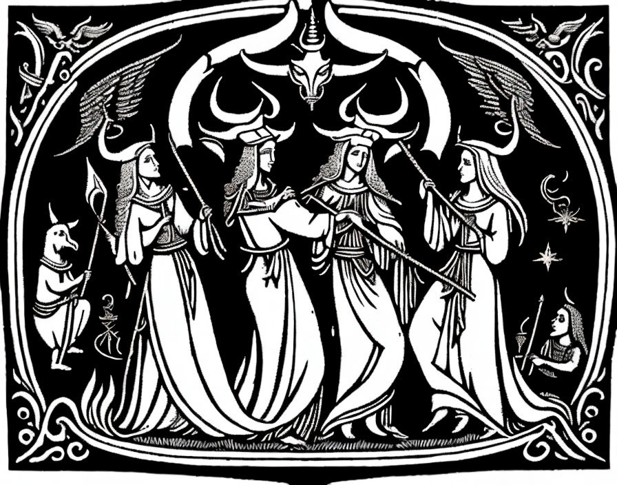 Monochrome drawing of three robed mythological figures with animal-headed deity and celestial bodies, surrounded by