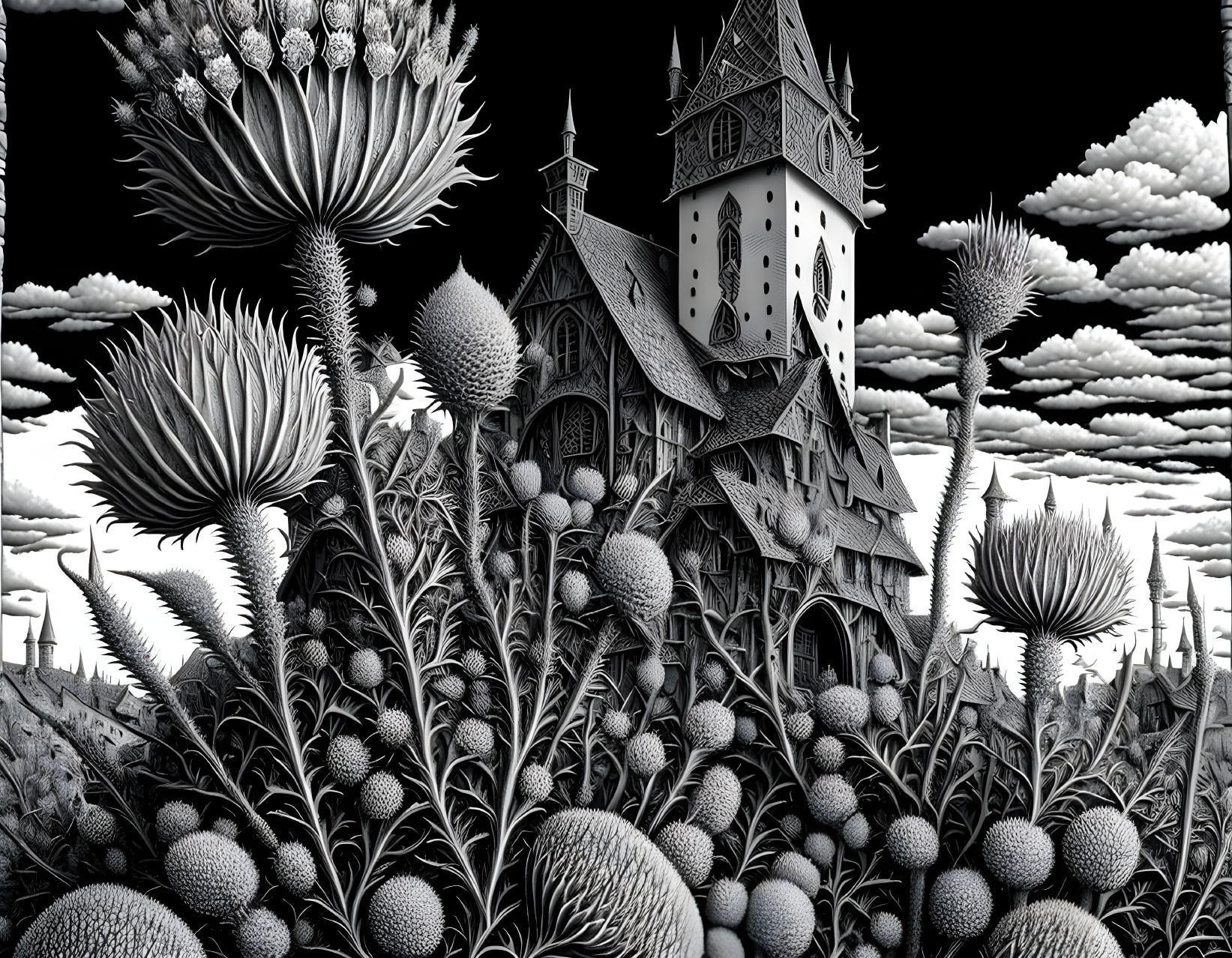 Detailed black & white whimsical landscape with church, fantastical flora, and textured sky.