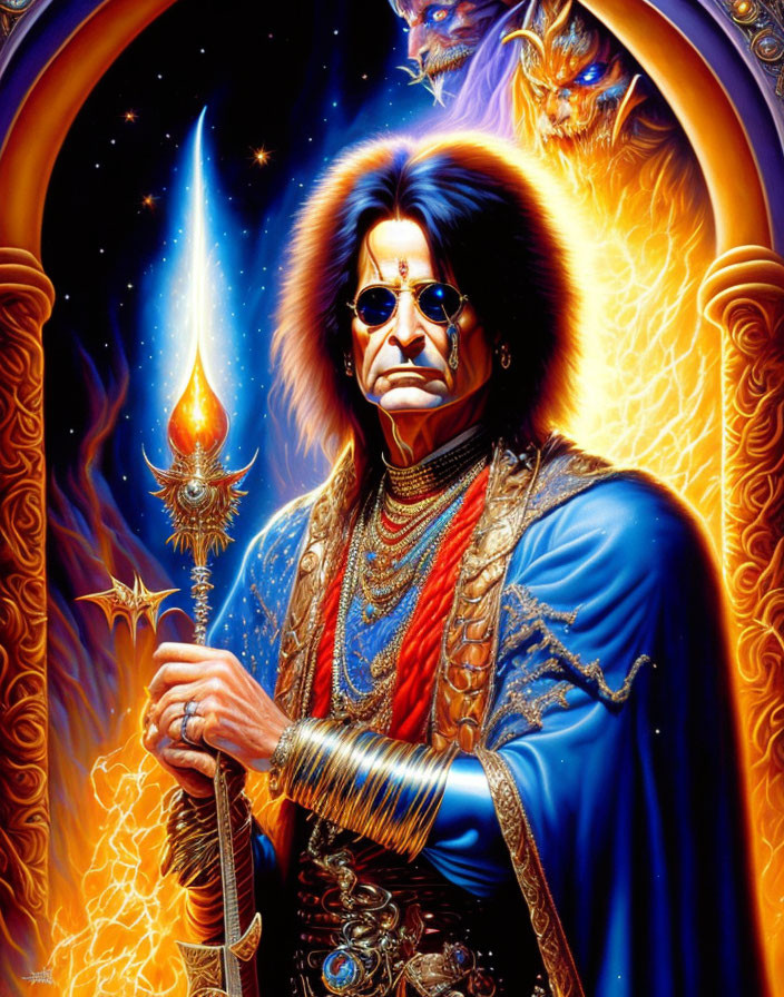 Colorful Illustration of Mystical Figure with Dark Hair, Sunglasses, Blue Robe, and