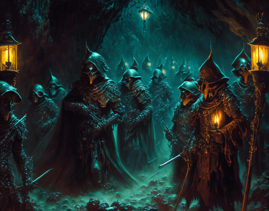 Mysterious cloaked figures with plague doctor masks in dark forest