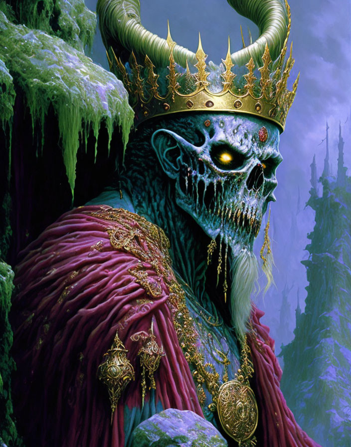 Regal figure with skull-like face in gold crown and purple cloak in mystical forest.