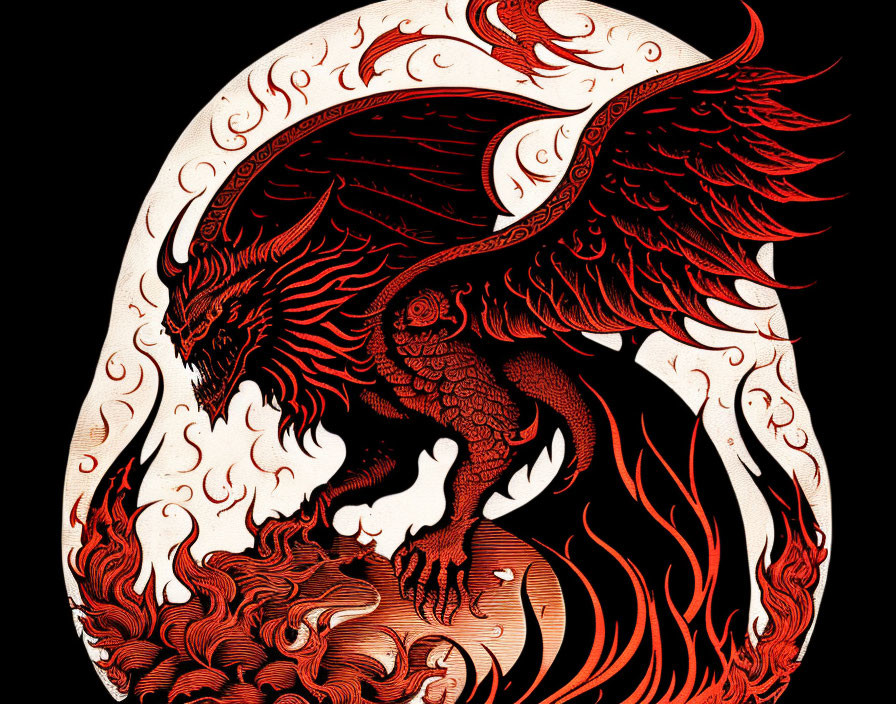 Detailed red and black dragon in flames yin-yang design