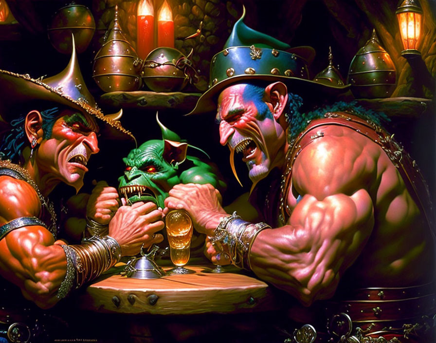 Muscular green goblin and blue-faced pirate arm-wrestling in dimly lit setting