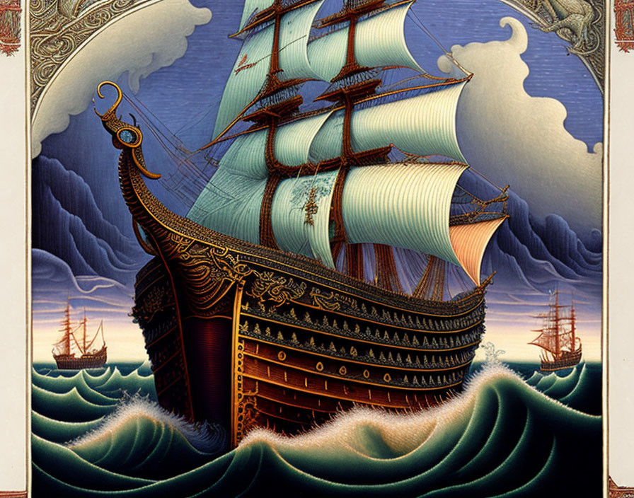 Ornate ship with billowing sails at sea with dramatic sky