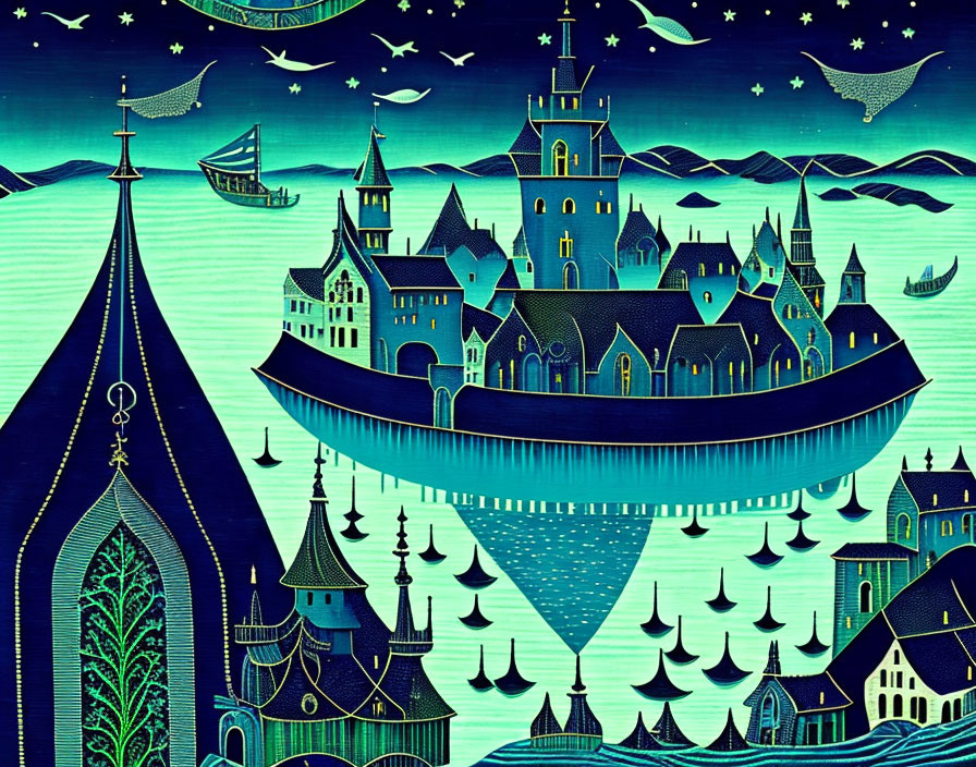 Illustration of floating castle on ship with towers in starry night sky