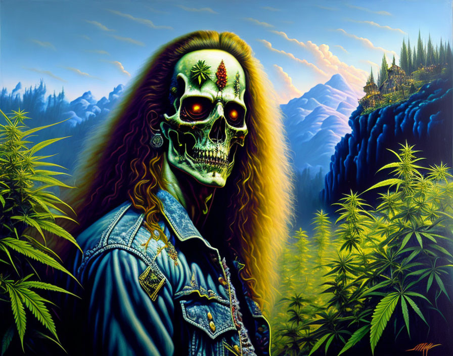 Detailed Skeleton in Denim Jacket Against Mountain and Cannabis Backdrop