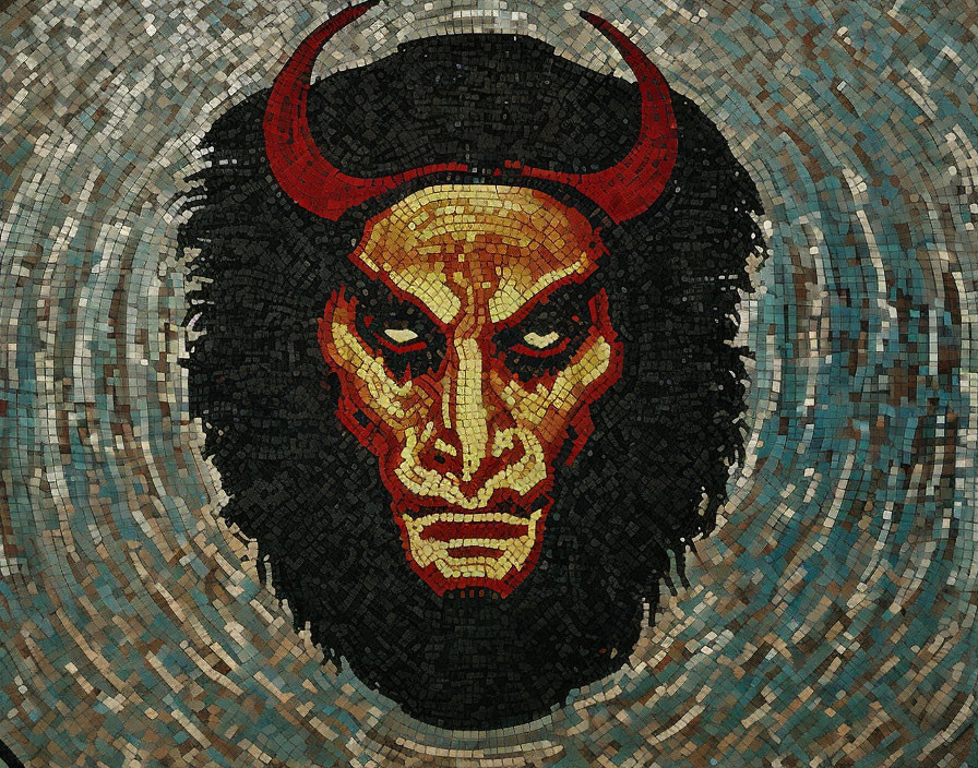 Red and Black Demonic Face Mosaic on Swirled Blue Background