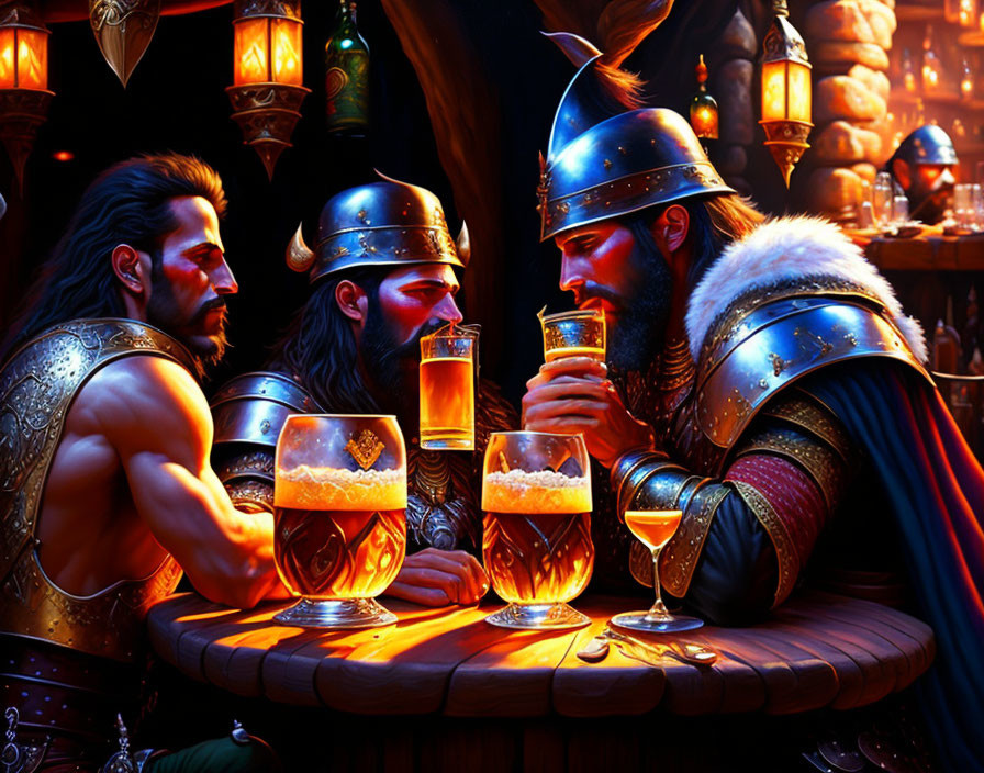 Armored warriors in medieval tavern with warm lighting