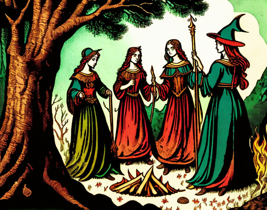 Medieval-themed illustration featuring four women in period attire with staff and fire in wooded setting