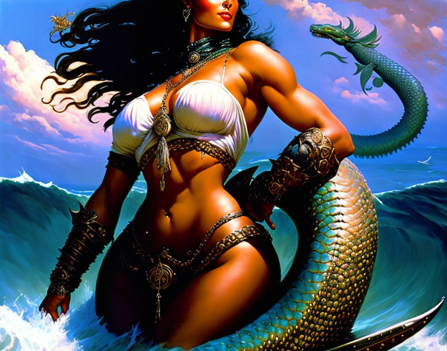 Mermaid with human upper body, serpent lower body, holding sword, with dragon in waves