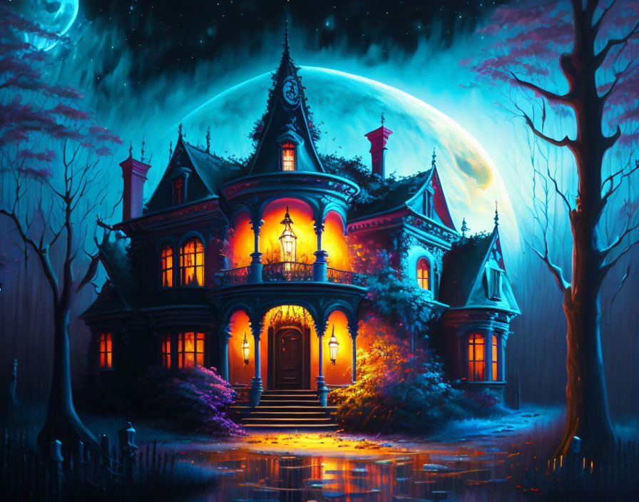 Victorian mansion illuminated by warm lights under full moon