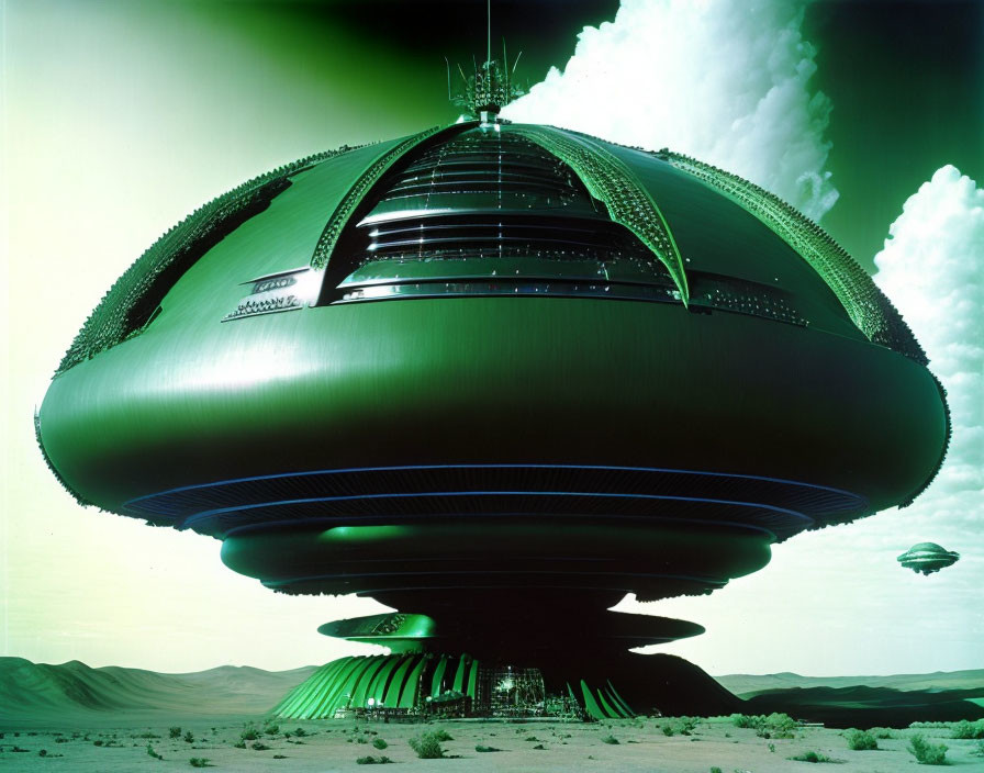 Green futuristic spaceship hovers over desert emitting white smoke