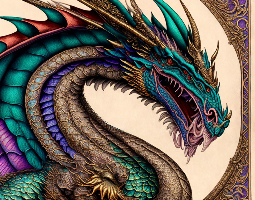 Detailed Illustration: Vibrant Dragon with Iridescent Blue and Green Scales, Golden Horns