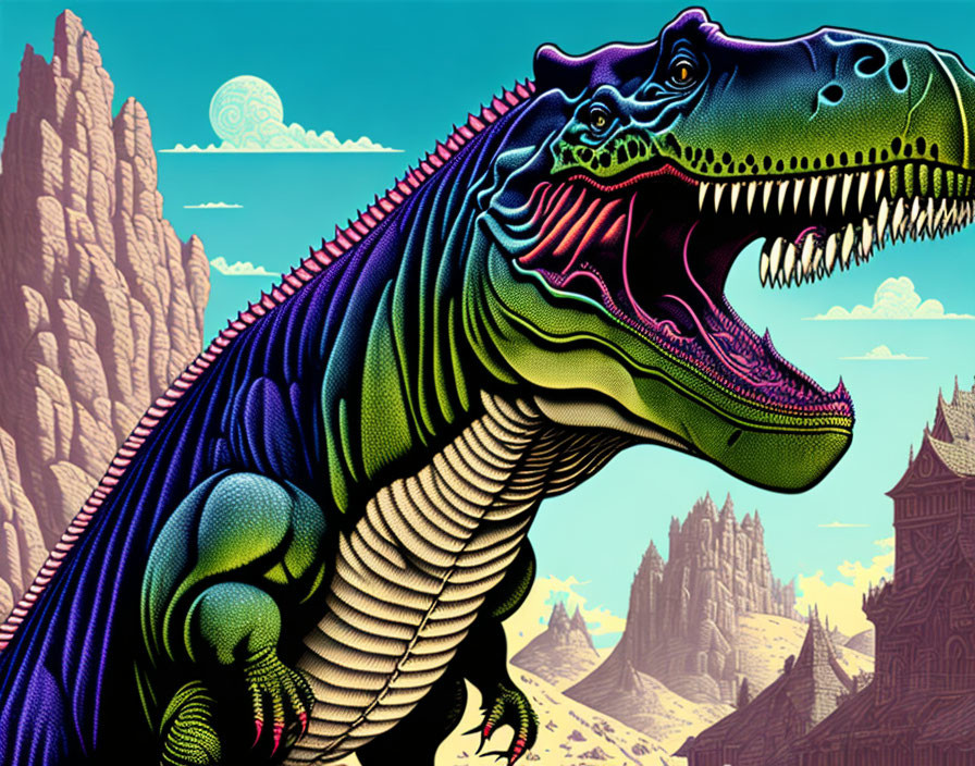 Vibrant T-Rex illustration with castle, mountains, and sky