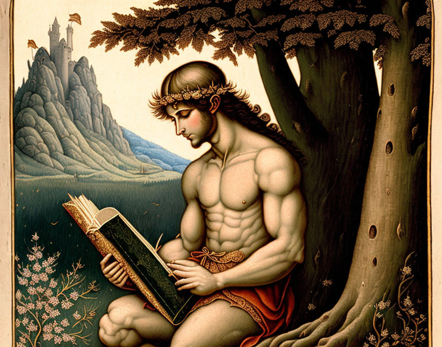 Muscular young man reading book under tree with castle in background