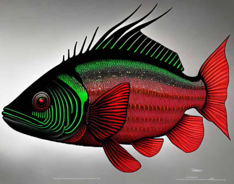 Stylized fish illustration with green, red, and black colors on grey background