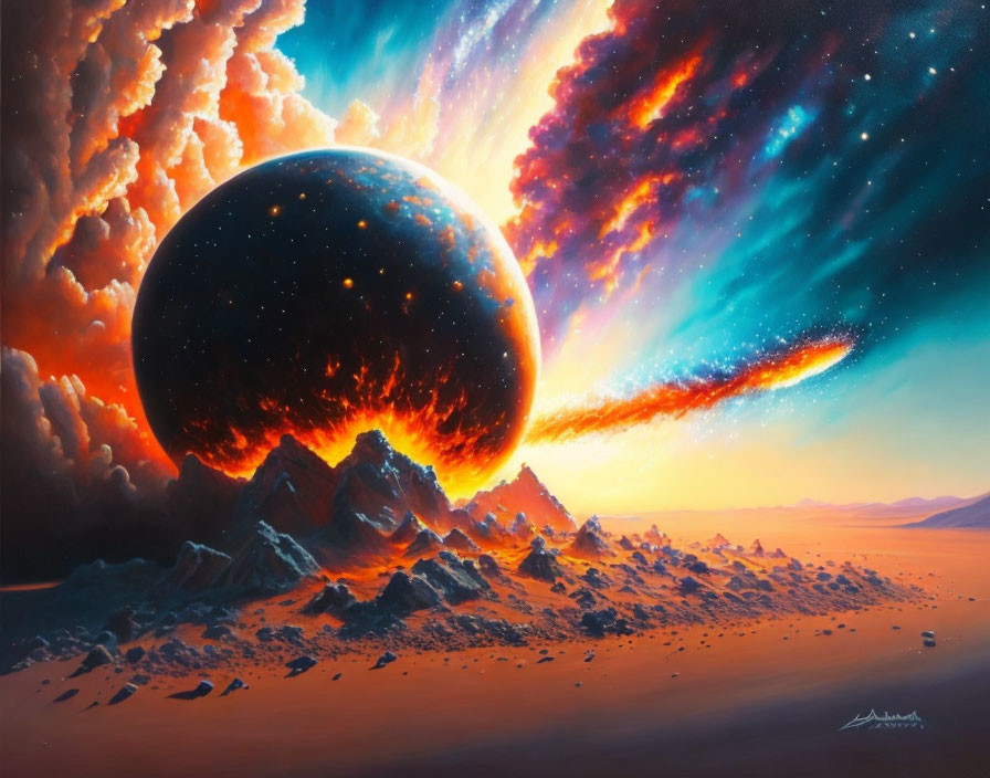 Sci-fi landscape with mountains, planet, comet, and cosmic clouds