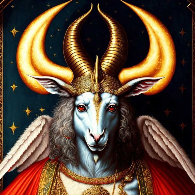 Regal anthropomorphic goat with curved horns and golden headpiece on starry backdrop