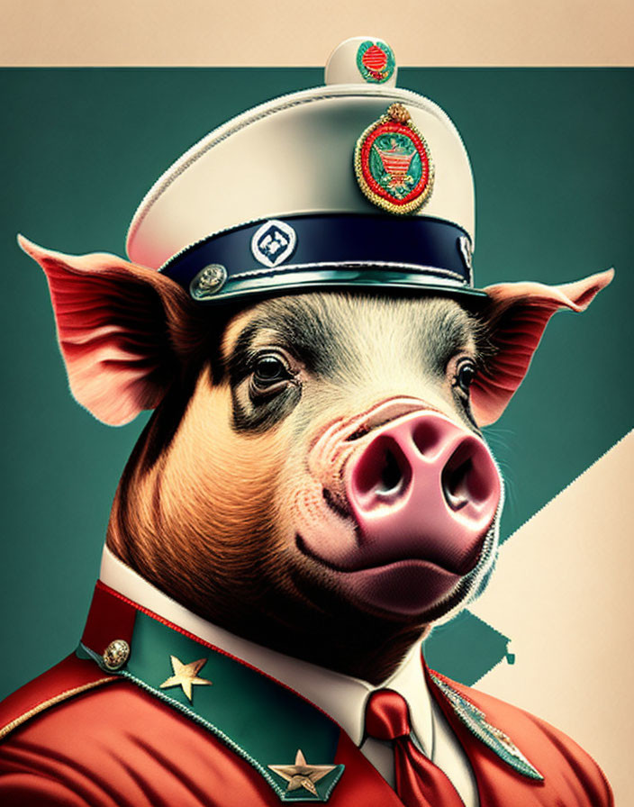 Pig with human-like features in military attire on two-tone background