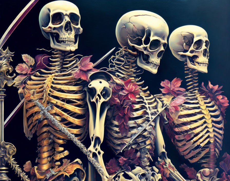 Three human skeletal figures with flower adornments: a blend of macabre and beauty