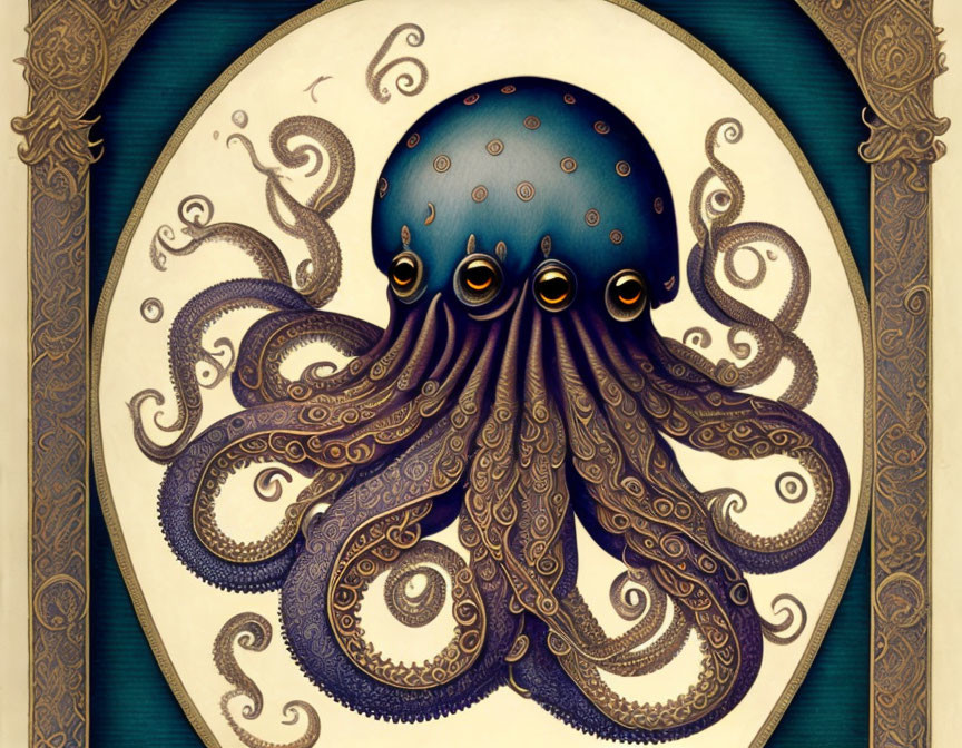 Octopus Illustration with Patterned Tentacles and Decorative Borders