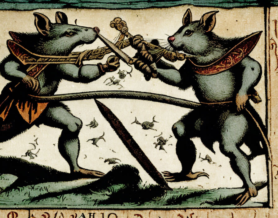 Anthropomorphic mice in renaissance attire sword duel with onlookers