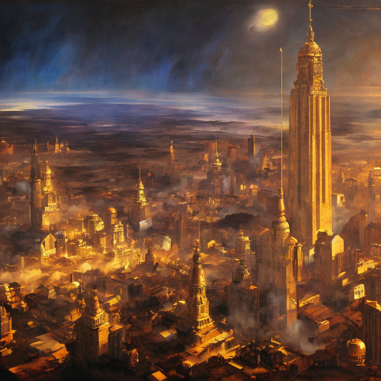 Futuristic cityscape painting with warm light and towering skyscrapers