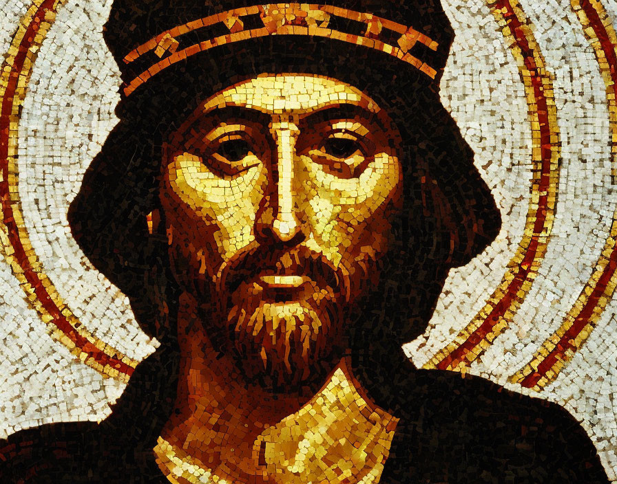 Solemn Bearded Figure Mosaic on Golden Background