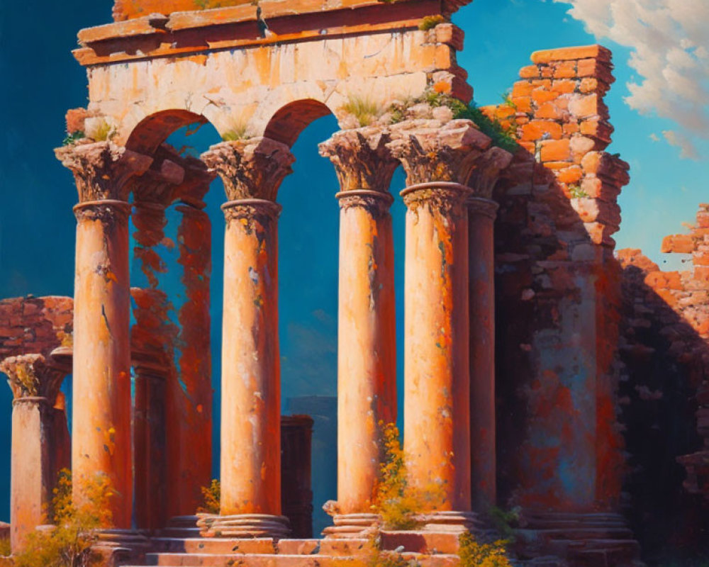 Historic Mediterranean ruins with Corinthian columns under a vivid sunset sky