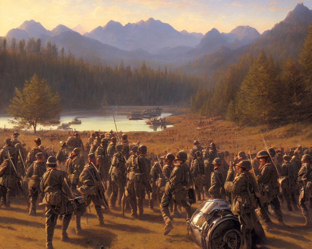 Historical military soldiers marching in forested valley with mountains and motorcycle.