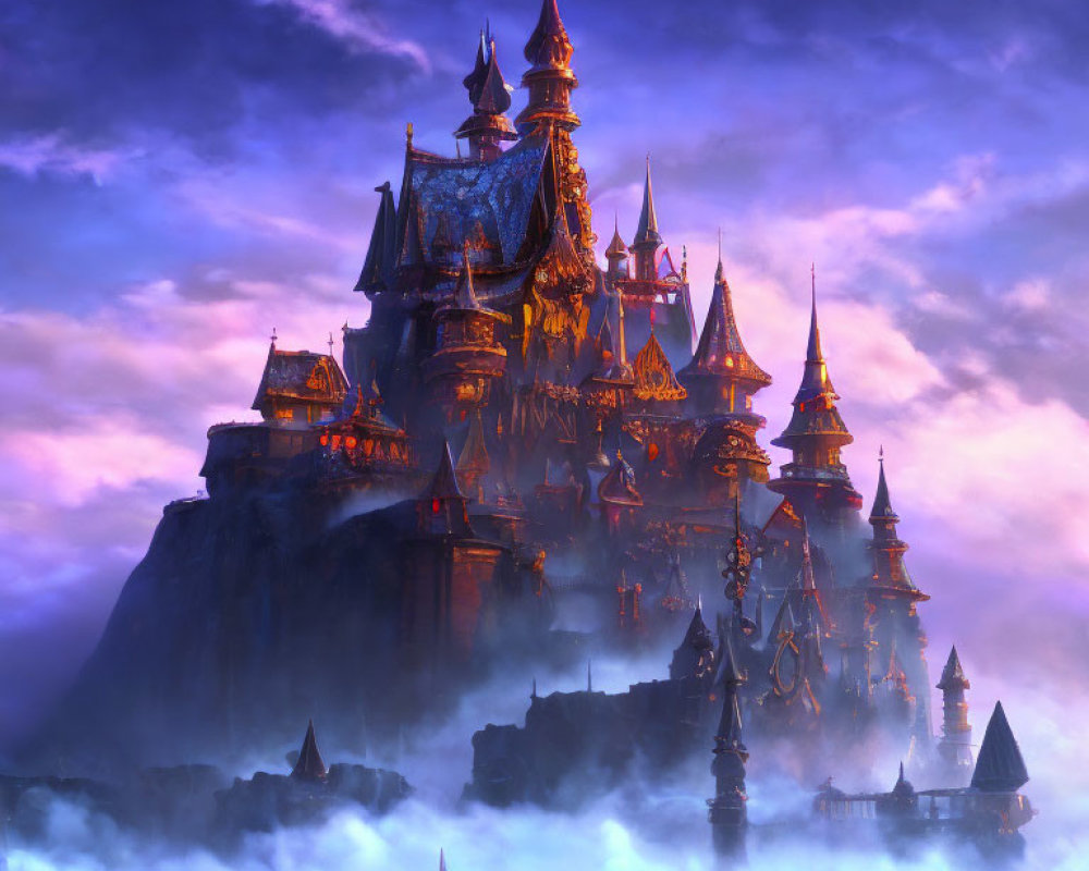 Fantastical castle with golden-lit spires on rocky outcrop at twilight