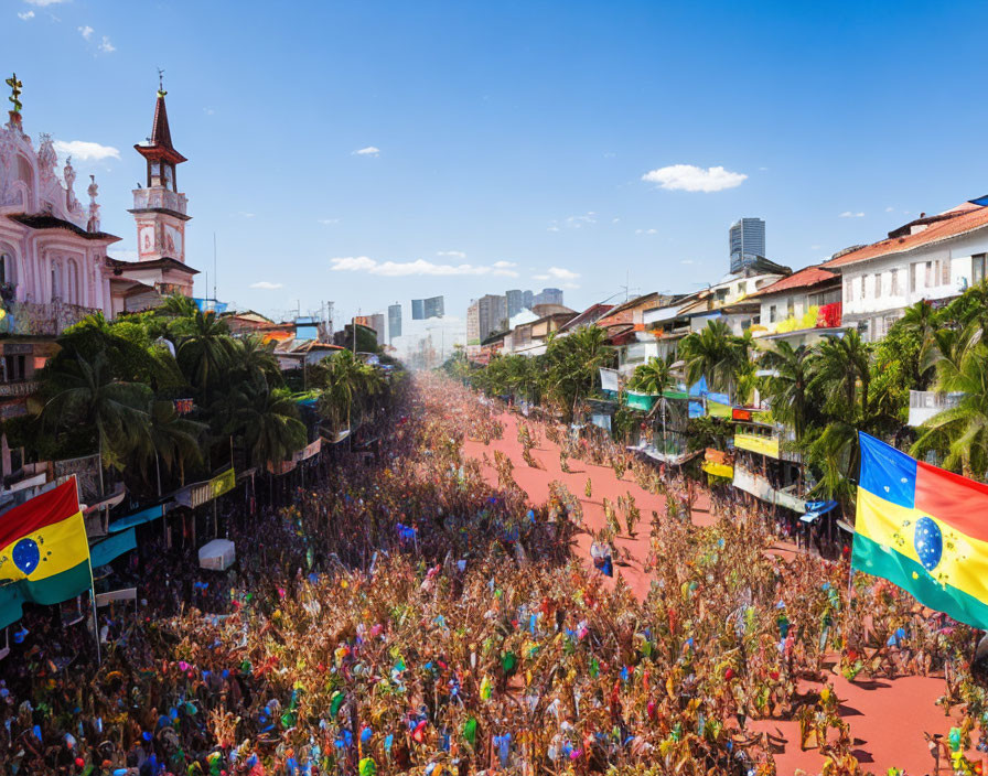 Colorful Brazilian street carnival with large crowd and festive decorations