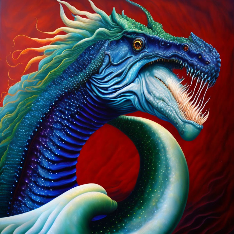 Vibrant blue and green dragon with sharp teeth on fiery red-orange background