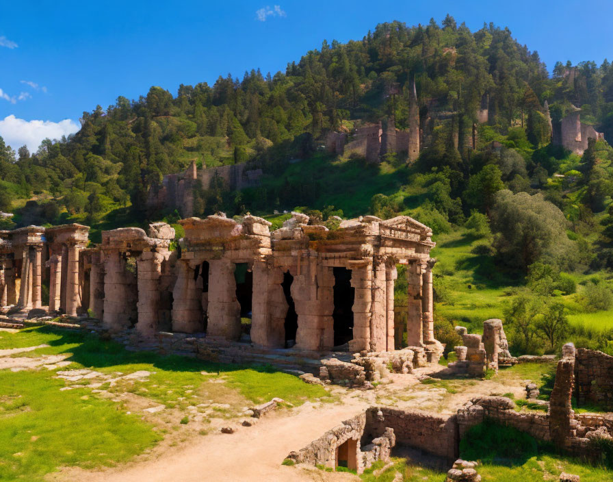 Ancient stone ruins with columns in lush green landscape