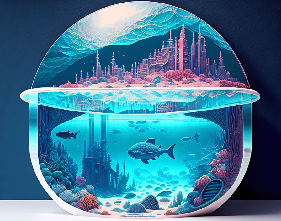 Colorful Digital Artwork of Underwater City in Round Aquarium