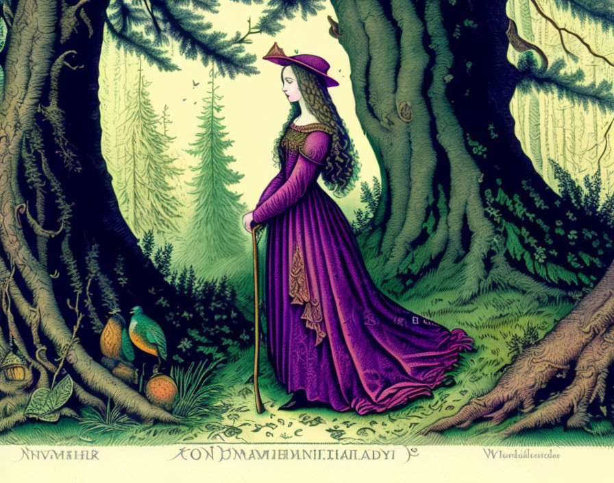 Medieval woman in dress with hat, staff, forest, tree, peacock.